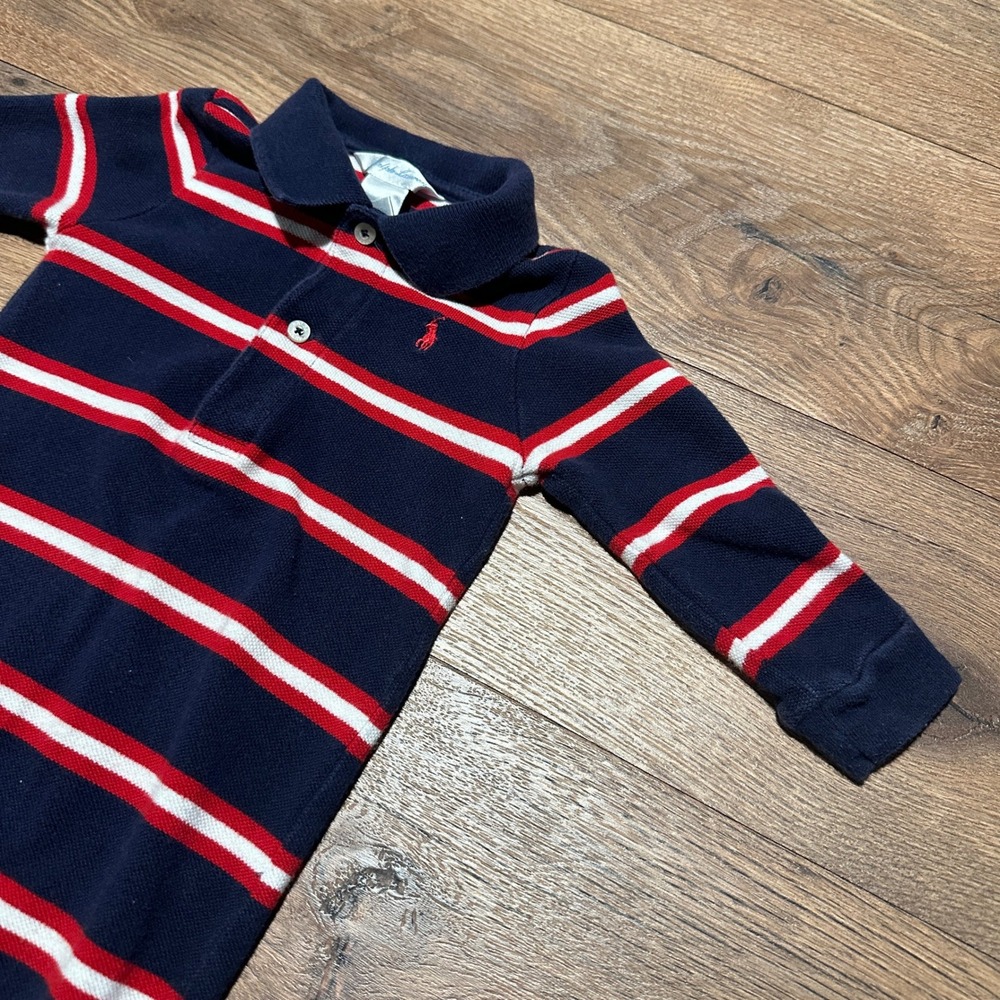 Ralph Lauren Navy Blue Striped Polo Romper Baby 6M